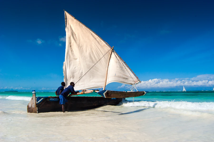 A traditional dhow off the Zanzibar coast at dusk